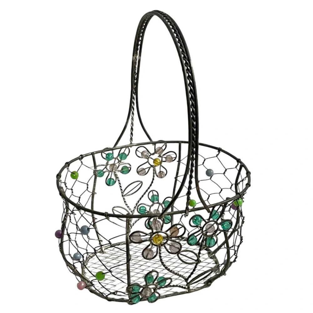 Vintage Metal Wire Basket, Pink & Green Beaded Daisies Flowers, silver tone